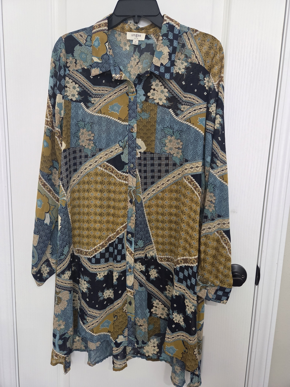 Umgee Multicolor Patchwork Long Sleeve Tunic Dress - Blue, Mustard, Black